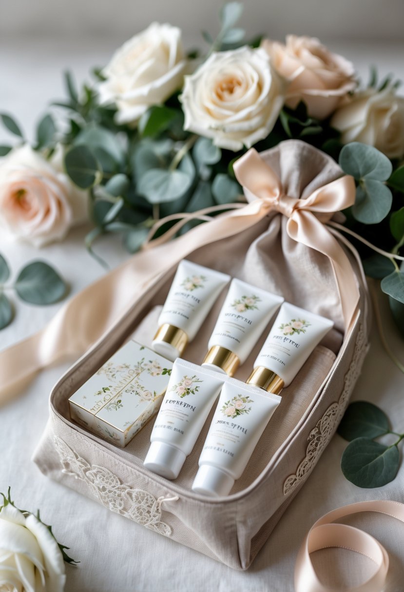 Travel-size hand creams arranged inside an elegant wedding welcome bag surrounded by flowers and greenery.