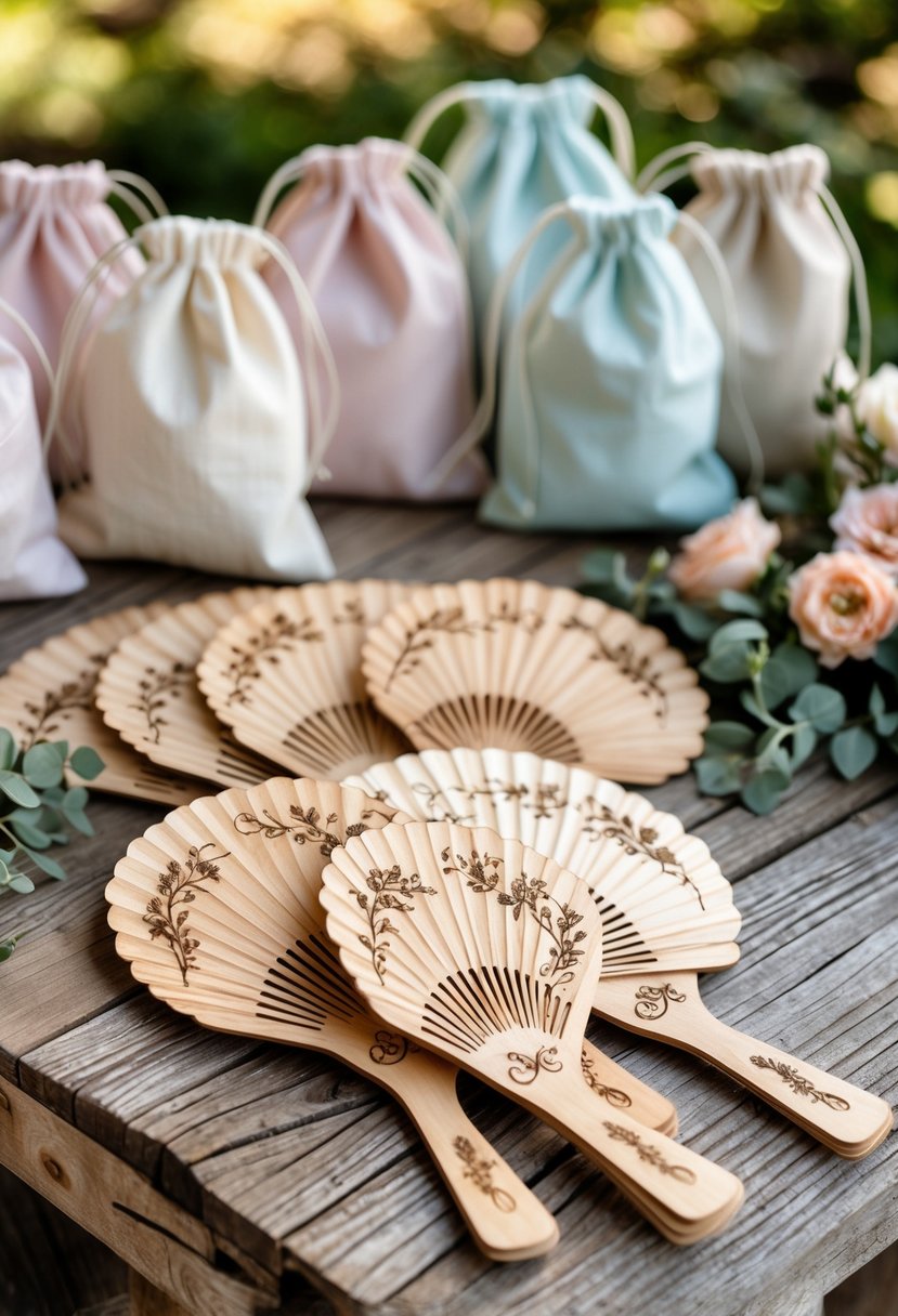 Personalized wooden hand fans arranged on a wooden table next to pastel-colored wedding welcome bags with small items inside, set outdoors with greenery in the background.