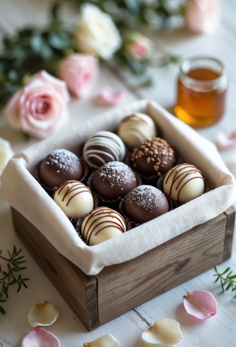 A wooden box filled with handmade chocolate truffles surrounded by rose petals and greenery on a wooden surface.