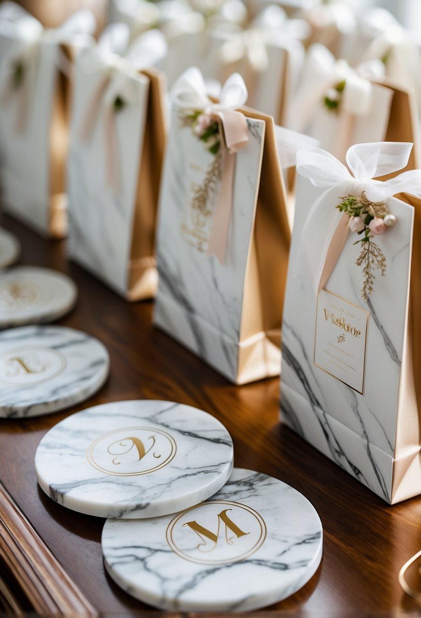 Monogrammed marble coasters arranged next to elegant wedding welcome bags on a wooden surface.