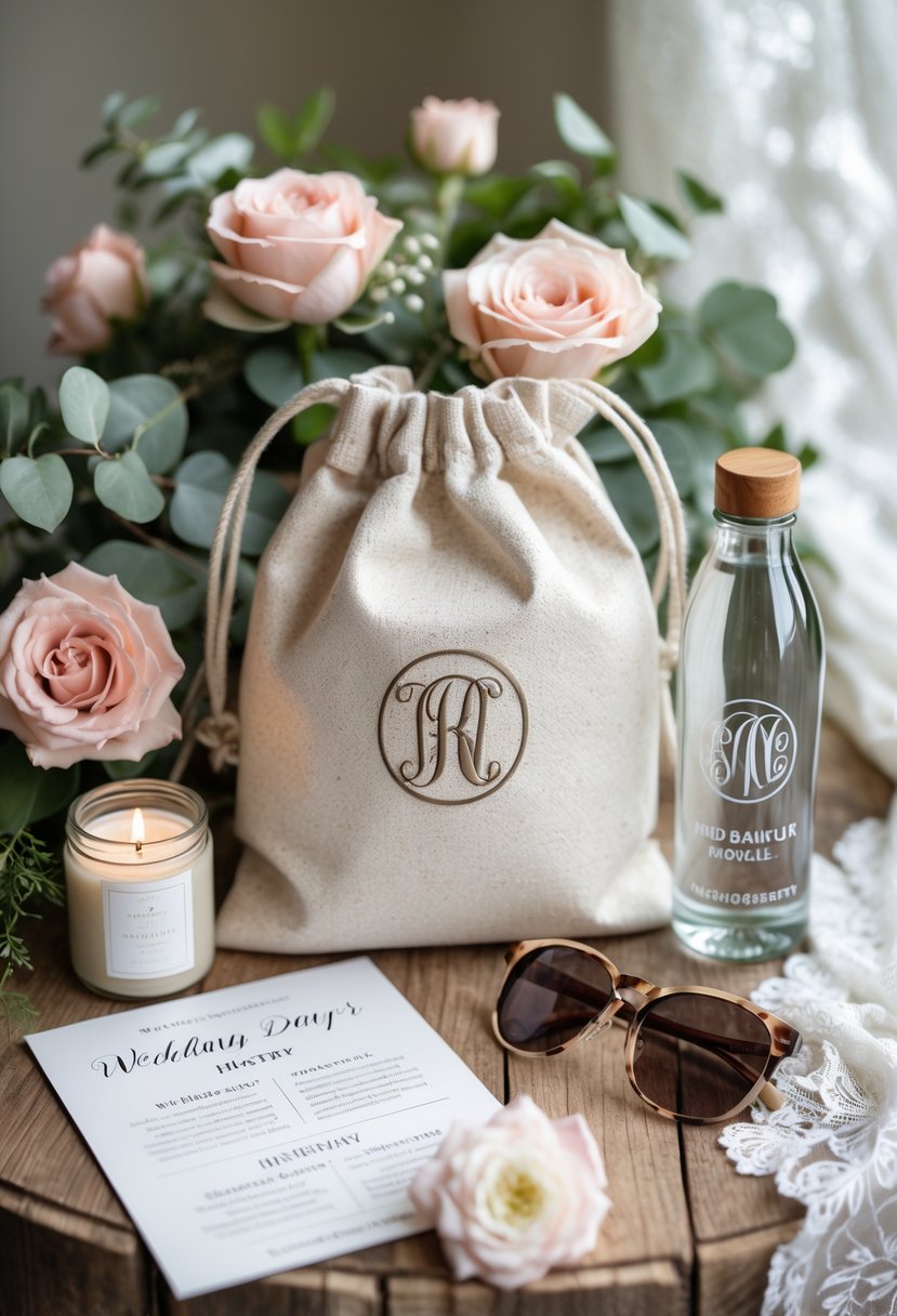 A wedding welcome bag with monogrammed items, floral accents, a candle, and a wedding itinerary card arranged on a wooden table.