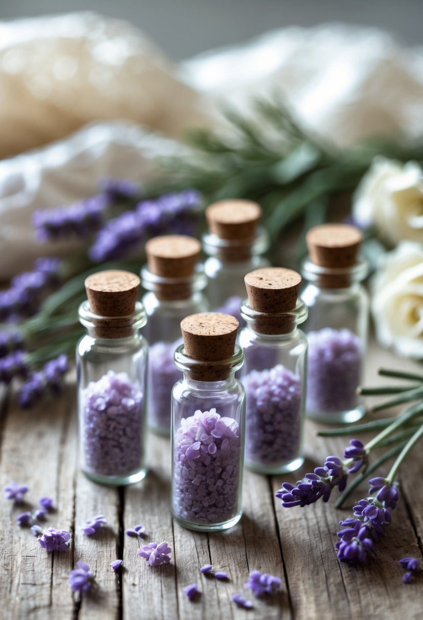 Glass vials filled with lavender bath salts arranged on a wooden surface with lavender sprigs and rose petals nearby.
