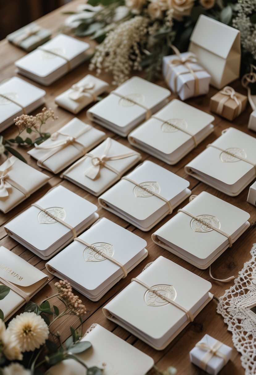 Mini notebooks with wedding logos arranged with wedding welcome bag items on a wooden table.