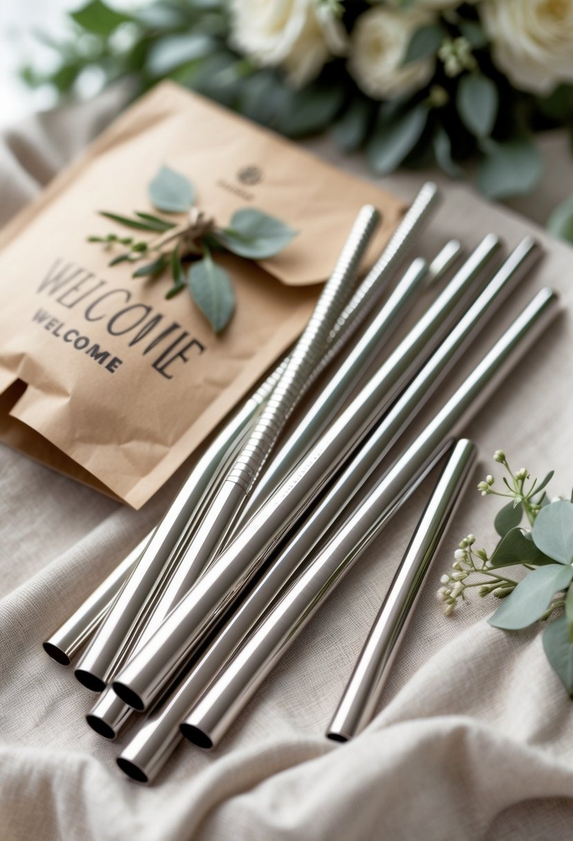Stainless steel reusable straws placed next to a wedding welcome bag with floral decorations on a soft fabric surface.