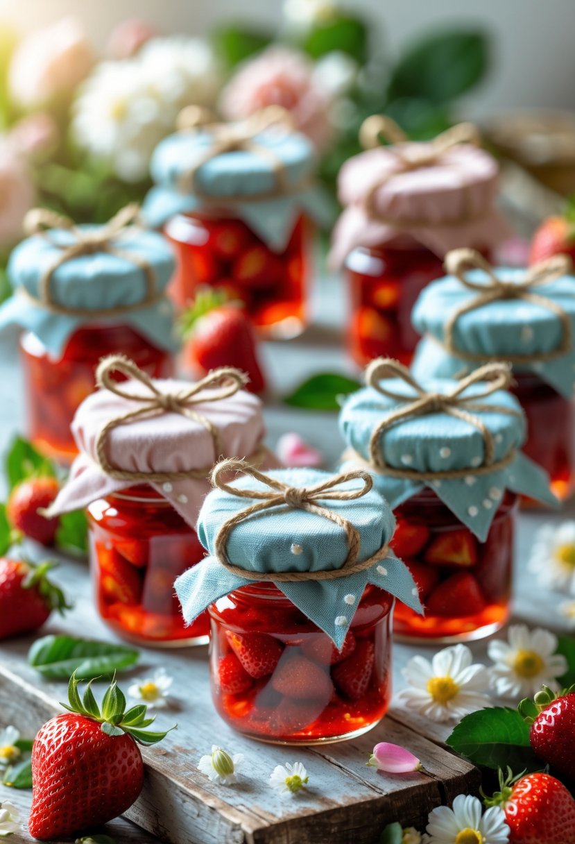 Mini glass jars of strawberry jam arranged with flowers and strawberries on a wooden surface.
