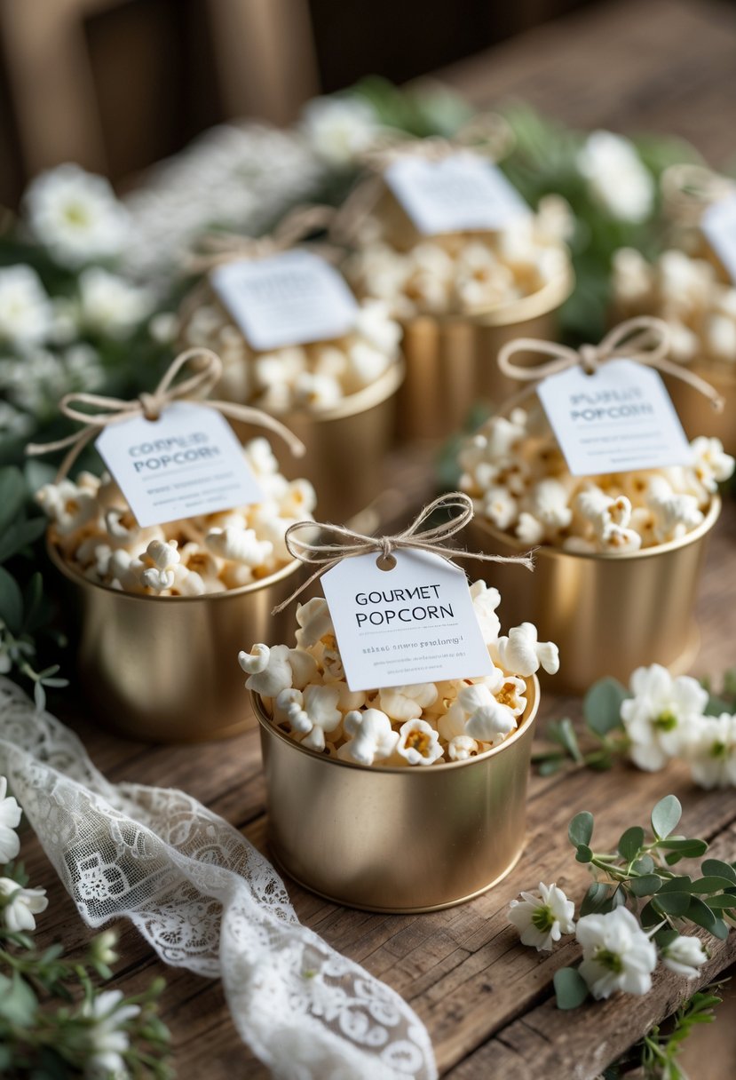 Mini gourmet popcorn tins with decorative tags arranged on a wooden table with flowers and greenery.