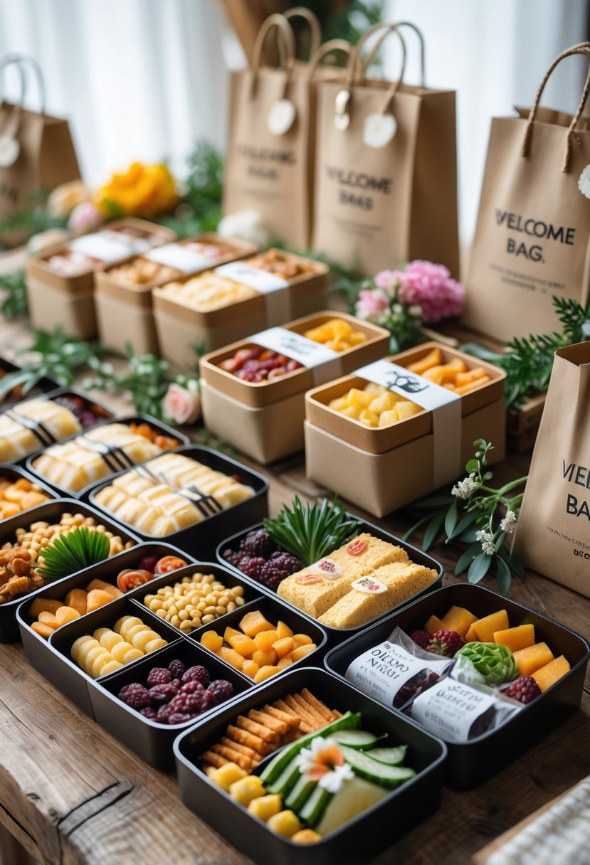 Bento boxes filled with colorful local snacks arranged on a table next to wedding welcome bags with floral decorations.