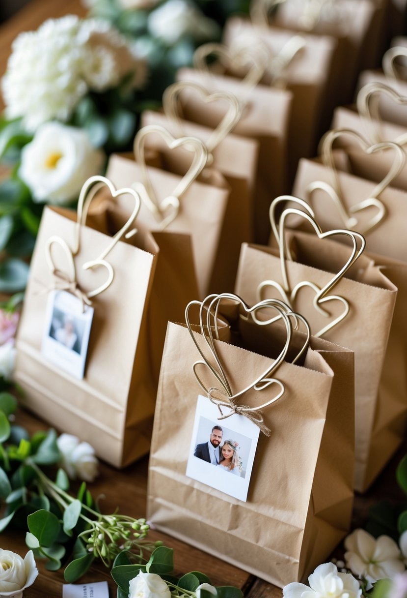 Wedding welcome bags with heart-shaped wire photo holders arranged on a wooden table with flowers and greenery.