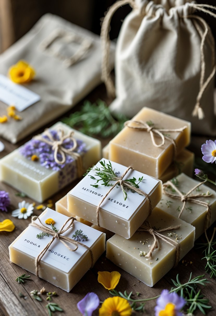 Handcrafted soap bars wrapped in natural paper with floral decorations, placed next to flower petals and herbs, alongside a partially open wedding welcome bag.