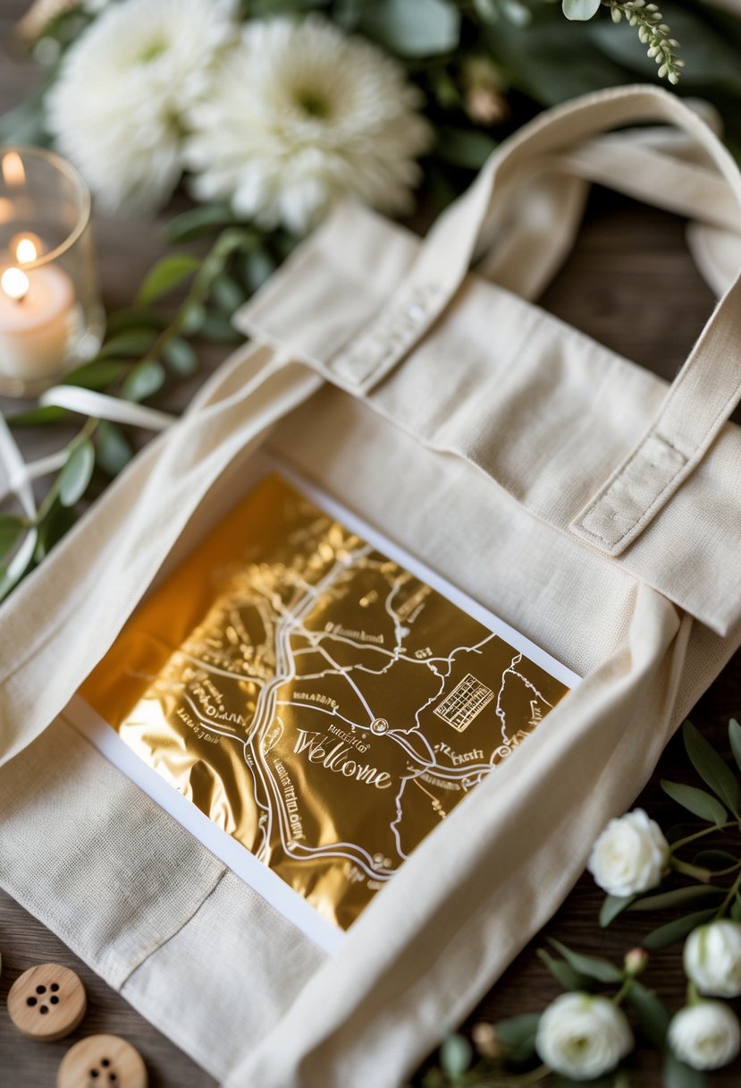 A wedding welcome bag containing gold foil pressed maps surrounded by flowers and decorative accents.