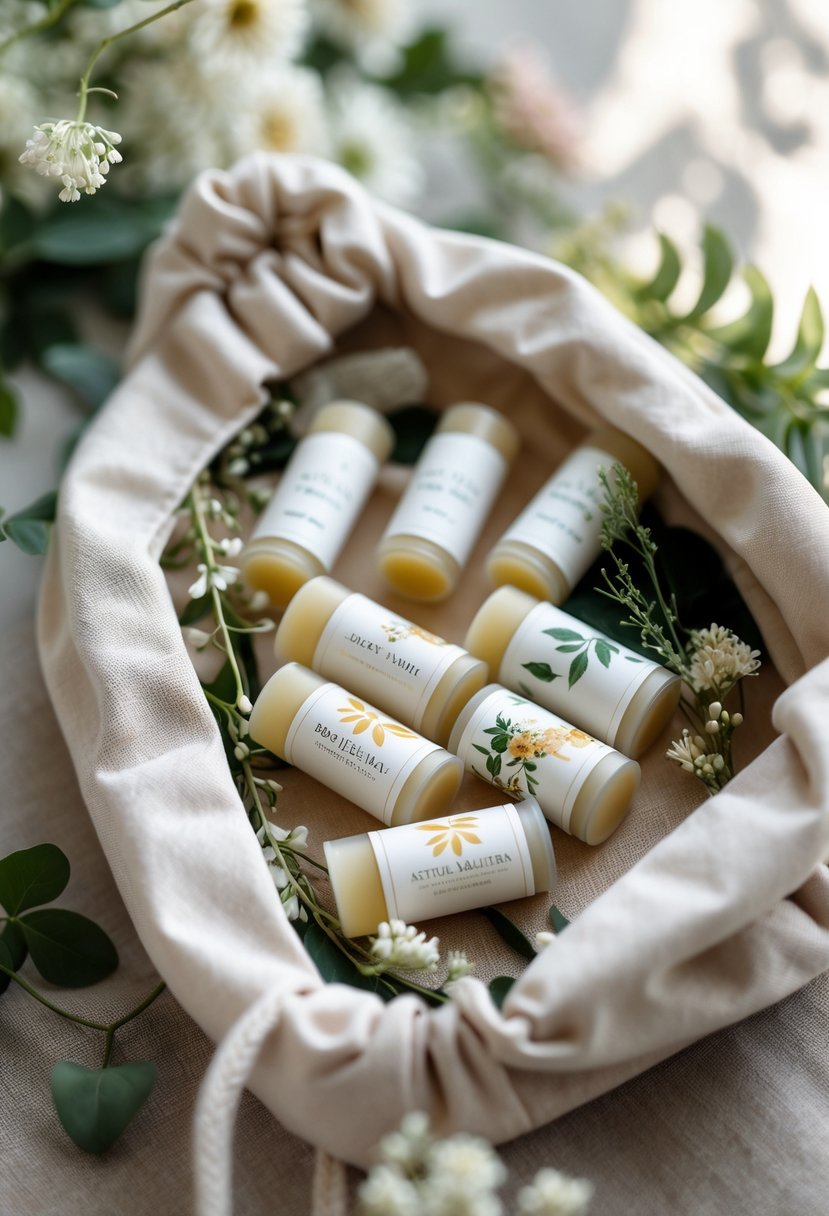 A collection of compact luxury lip balms with natural ingredient designs arranged inside an elegant wedding welcome bag surrounded by flowers and greenery.