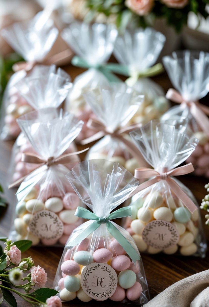 Candy bags with personalized wrapping arranged on a table with flowers and decorative elements.
