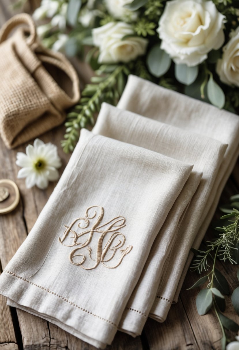 Embroidered linen napkins with couple's initials arranged next to a wedding welcome bag filled with flowers and greenery on a wooden surface.