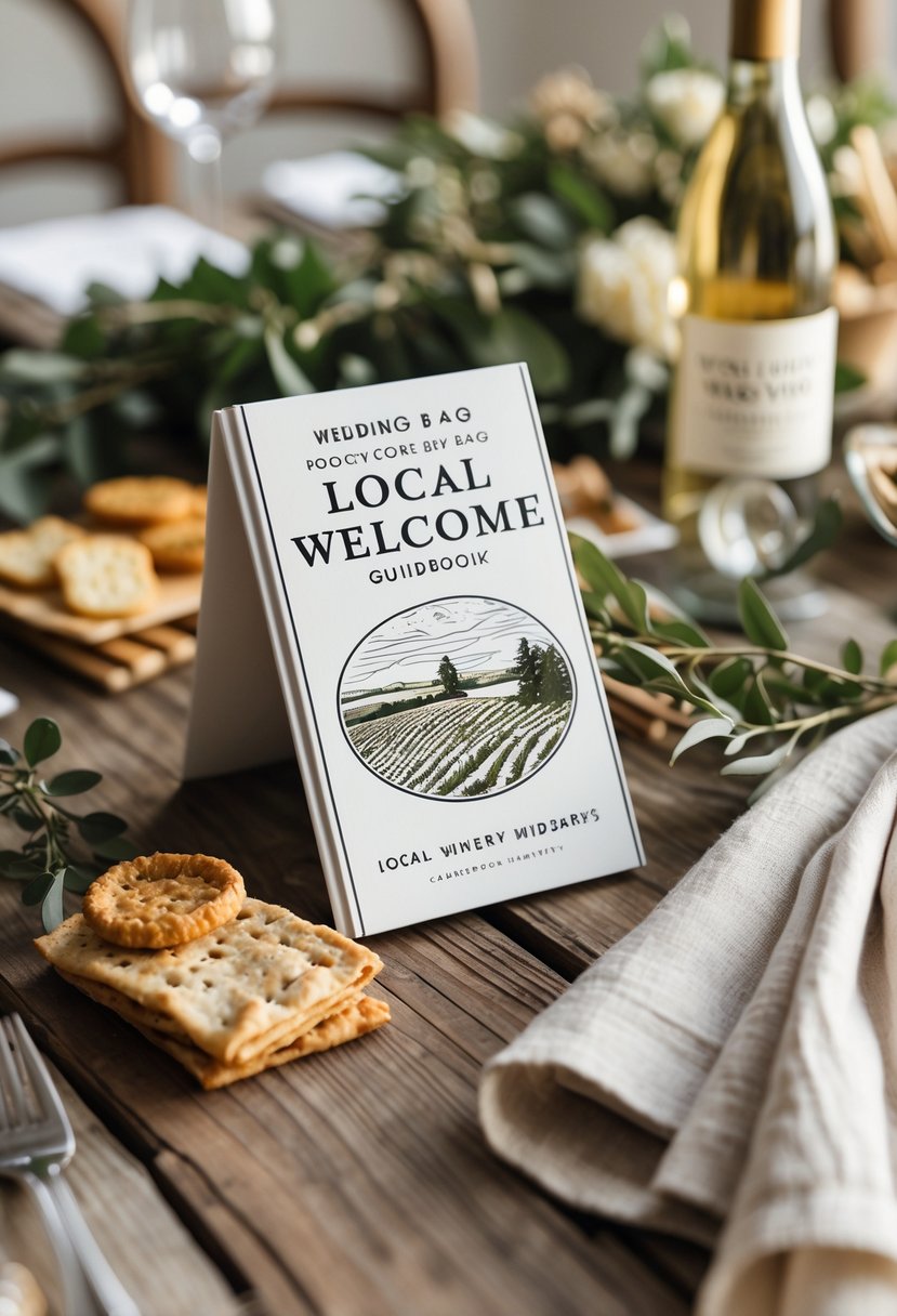 A rustic wooden table displaying a wedding welcome bag with a small winery guidebook, a bottle of wine, snacks, and fresh greenery.