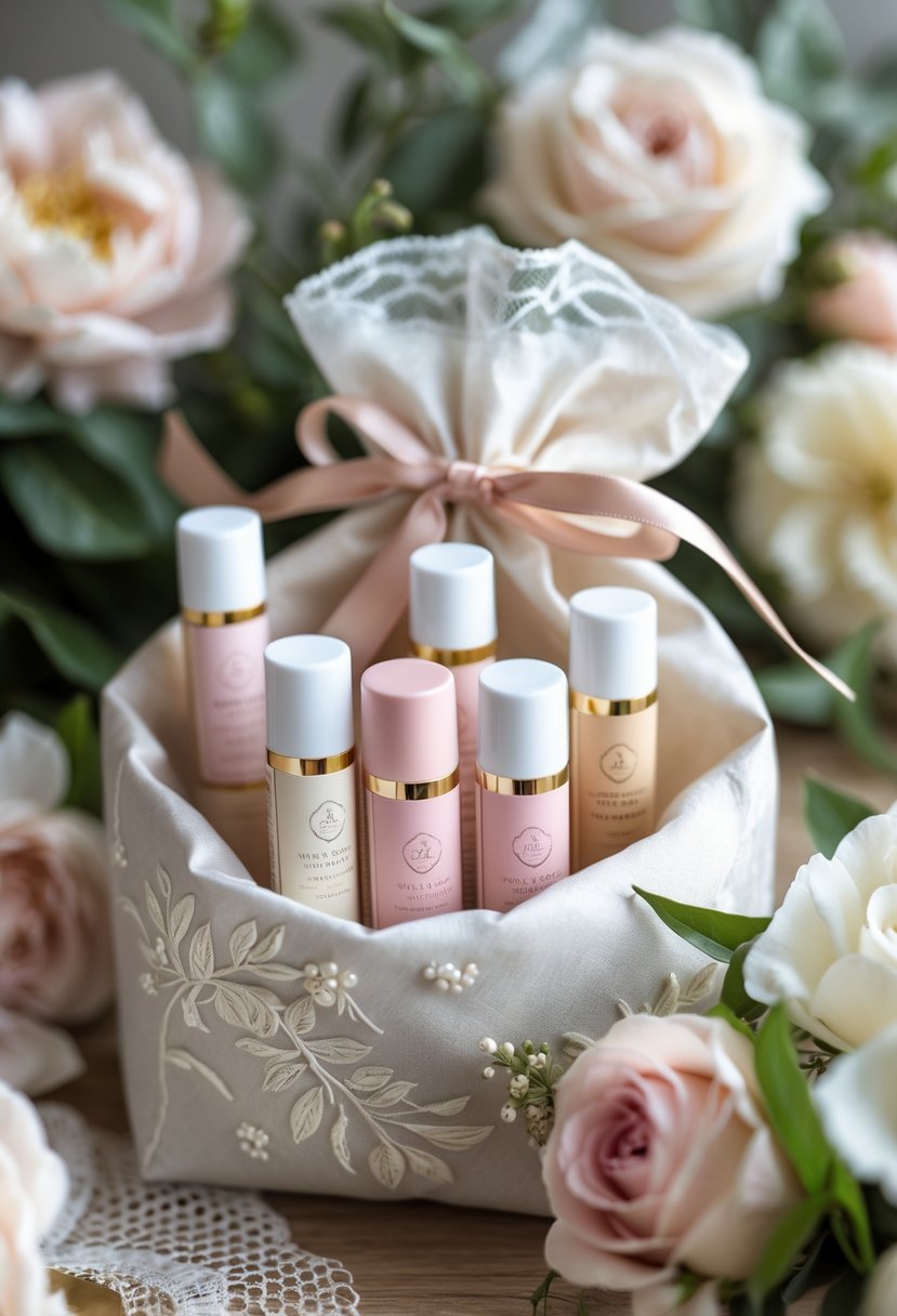 A collection of luxury lip balm tubes arranged inside a romantic wedding welcome bag surrounded by flowers and decorative elements.