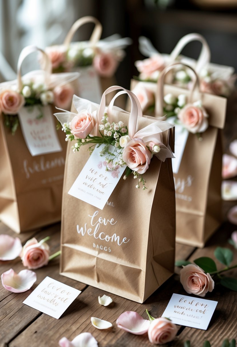 A rustic wooden table with decorated wedding welcome bags, floral accents, and scattered rose petals.