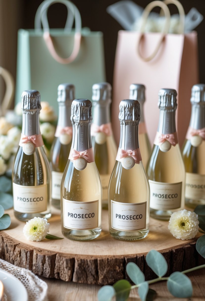 Mini bottles of prosecco arranged on a wooden table with flowers and gift bags for a wedding welcome display.
