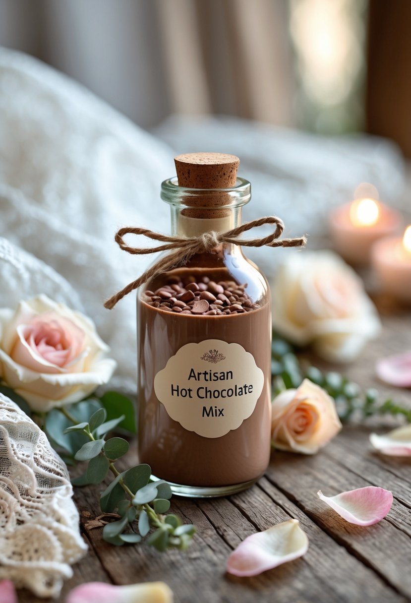 A small glass bottle of artisan hot chocolate mix surrounded by rose petals and lace on a wooden table.