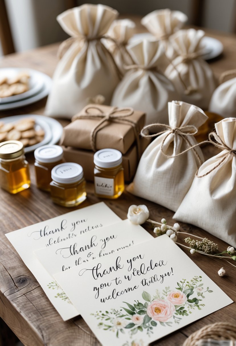 A wedding welcome bag setup with handwritten thank-you notes, small gifts, and decorative items arranged on a wooden table.
