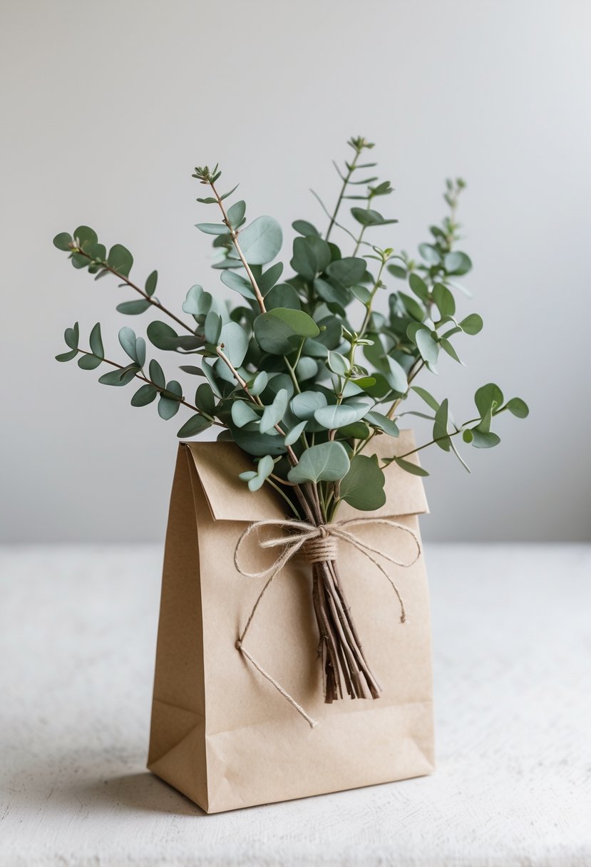 A small eucalyptus bouquet tied with twine resting on a simple paper welcome bag.