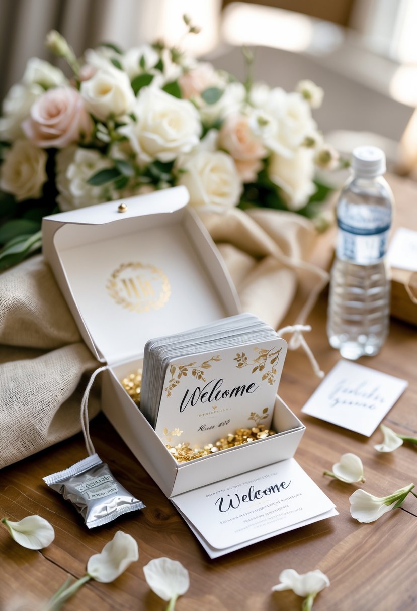 A wedding welcome bag open on a wooden table showing custom playing cards and small gifts arranged neatly with flower petals around.