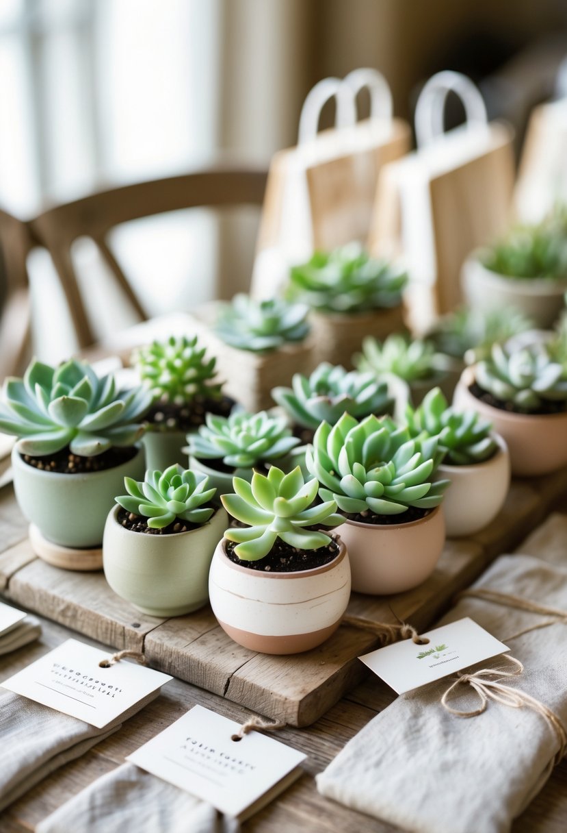 Small potted succulents arranged on a wooden table as part of a wedding welcome bag display with natural decor elements.