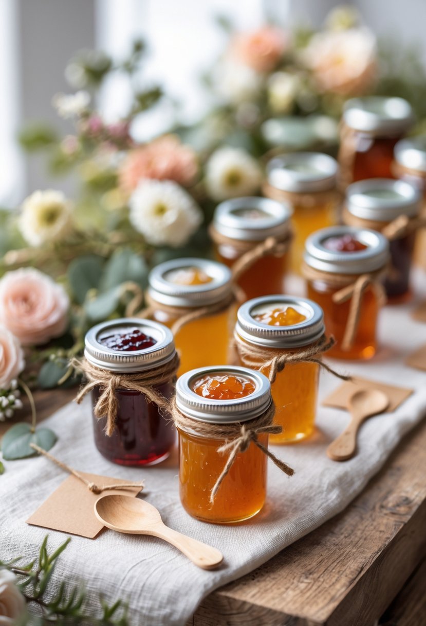 Mini glass jars of artisanal jam arranged on a wooden table with flowers and greenery as part of a wedding welcome gift setup.