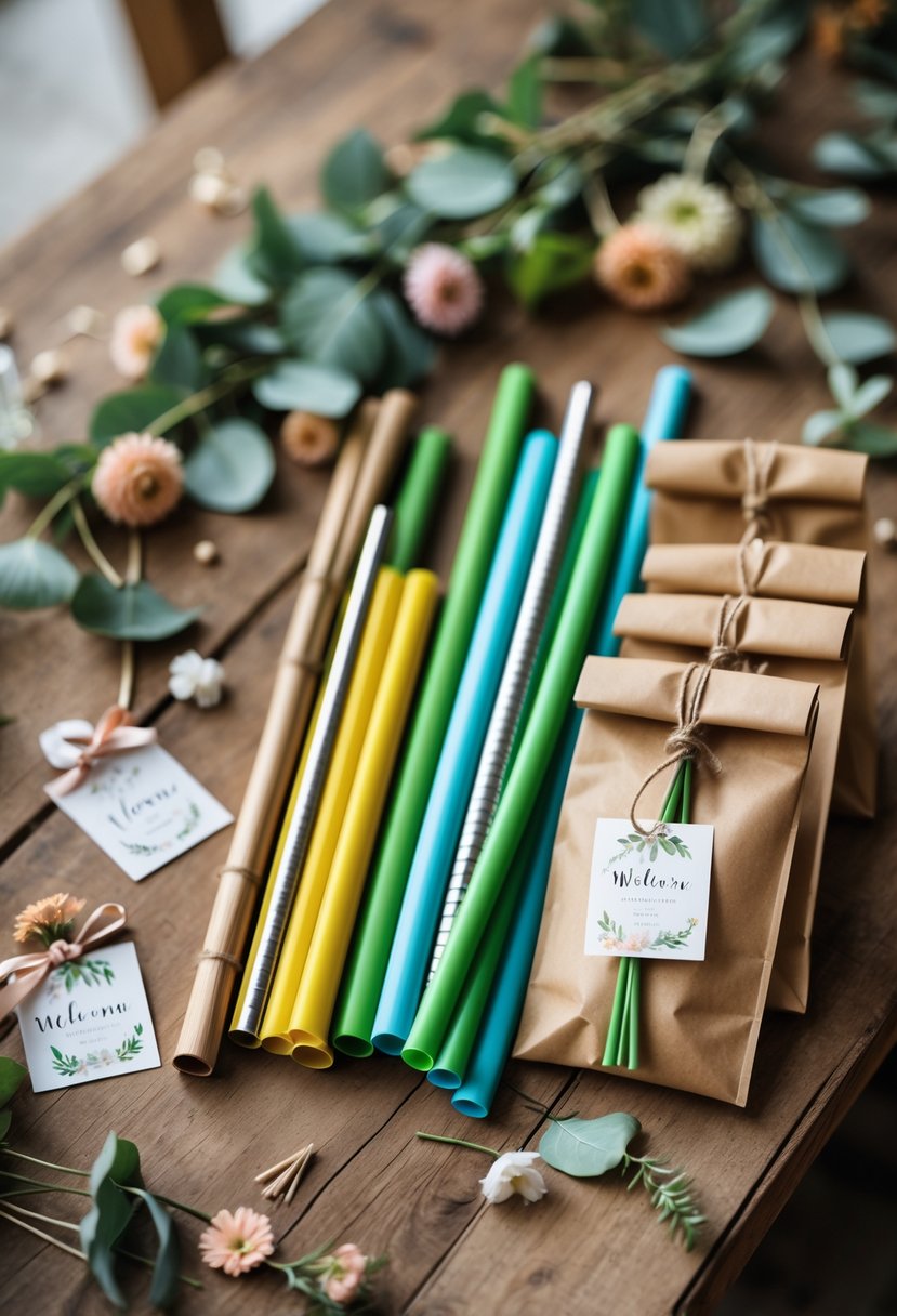 A collection of eco-friendly reusable straws displayed next to wedding welcome bags decorated with flowers and greenery on a wooden table.