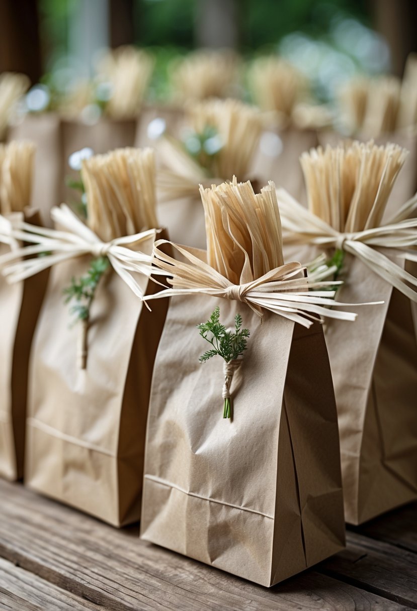 A group of brown craft paper bags tied with raffia ribbon, arranged on a wooden surface with small green leaves attached.