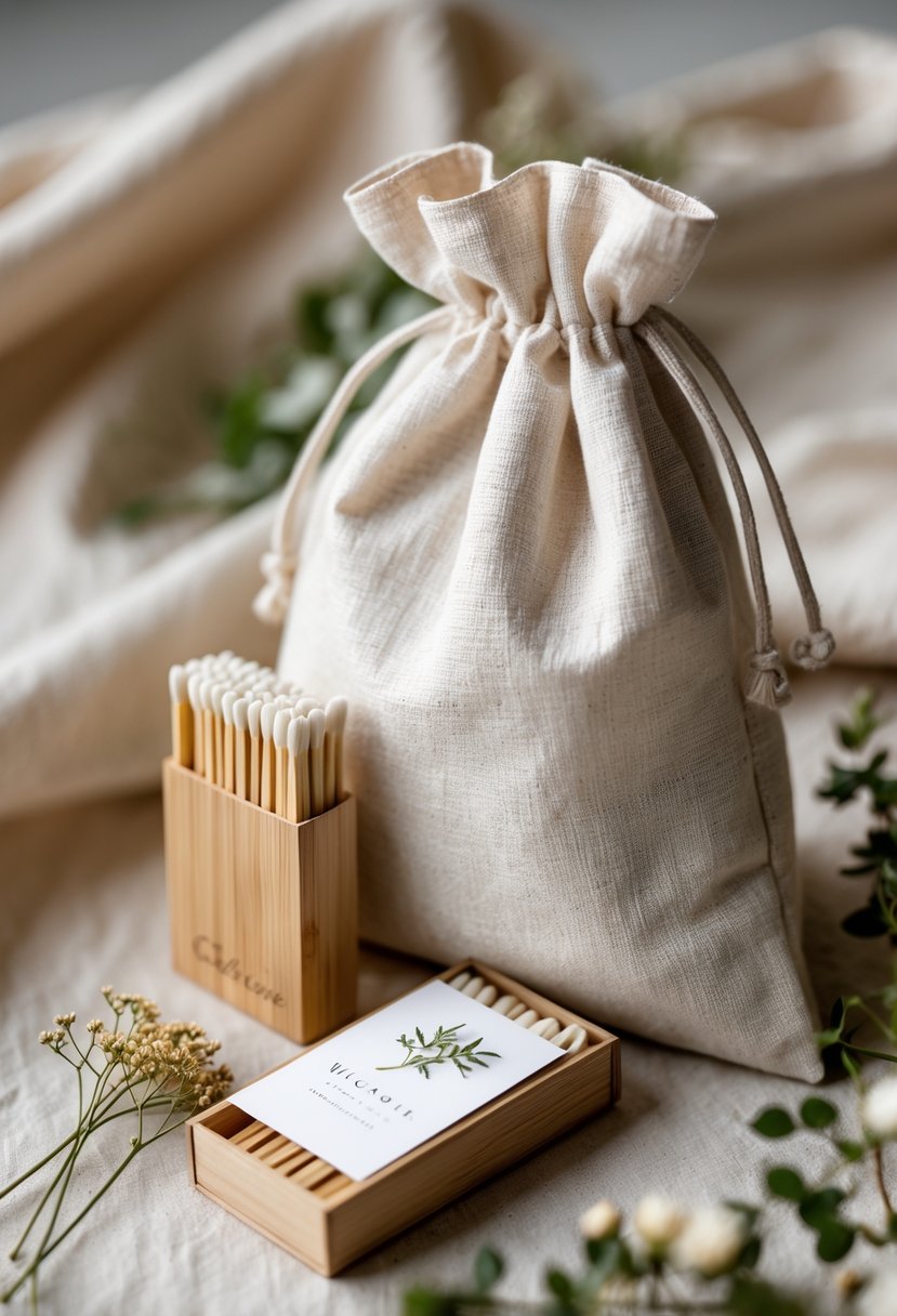A bamboo matchbox next to a simple fabric welcome bag containing dried flowers and greenery on a softly lit surface.