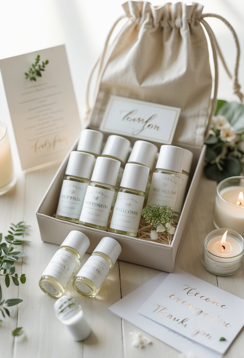 A travel-size peppermint oil roller bottle inside a wedding welcome bag on a wooden surface with decorative wedding items around it.