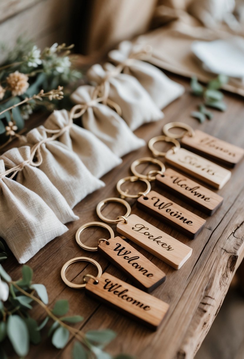 Personalized wooden keychains displayed on a rustic wooden table next to small linen welcome bags and decorative greenery.