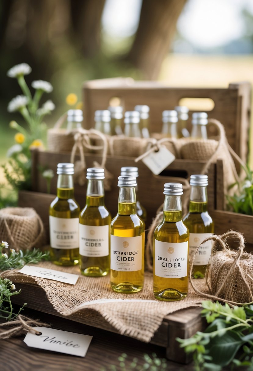 Mini bottles of cider and wine arranged with rustic wedding welcome bags featuring natural materials and greenery.