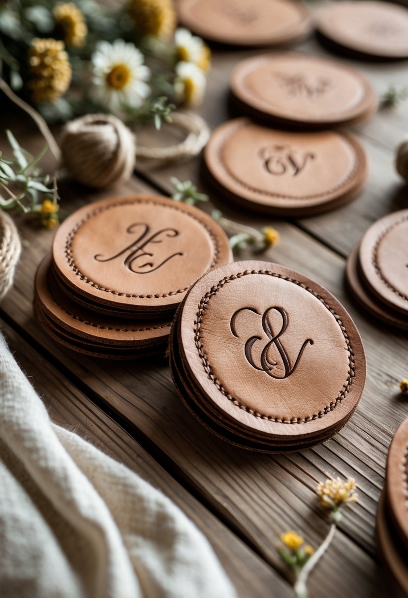 Close-up of rustic leather coasters embossed with couples’ initials arranged on a wooden surface with dried flowers and fabric nearby.