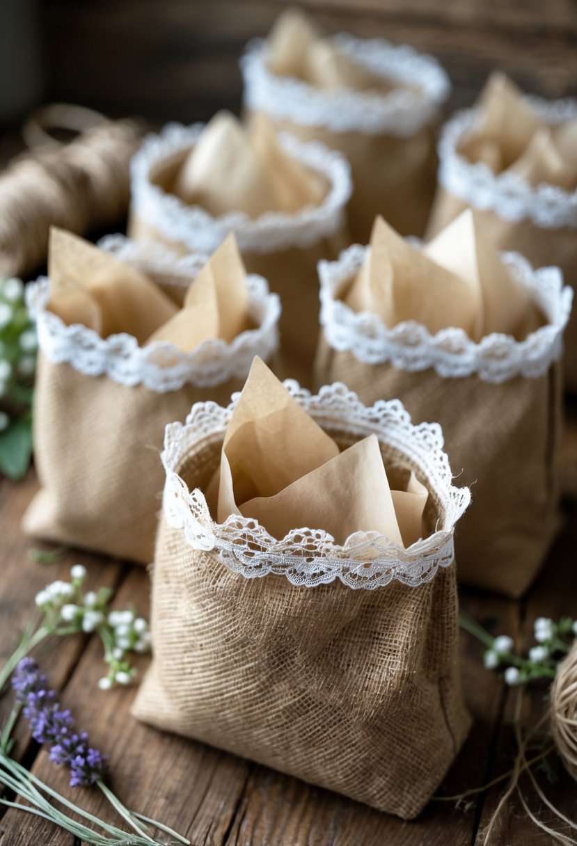 Small burlap tote bags with white lace trim arranged on a wooden surface with dried flowers and rustic wedding decorations.