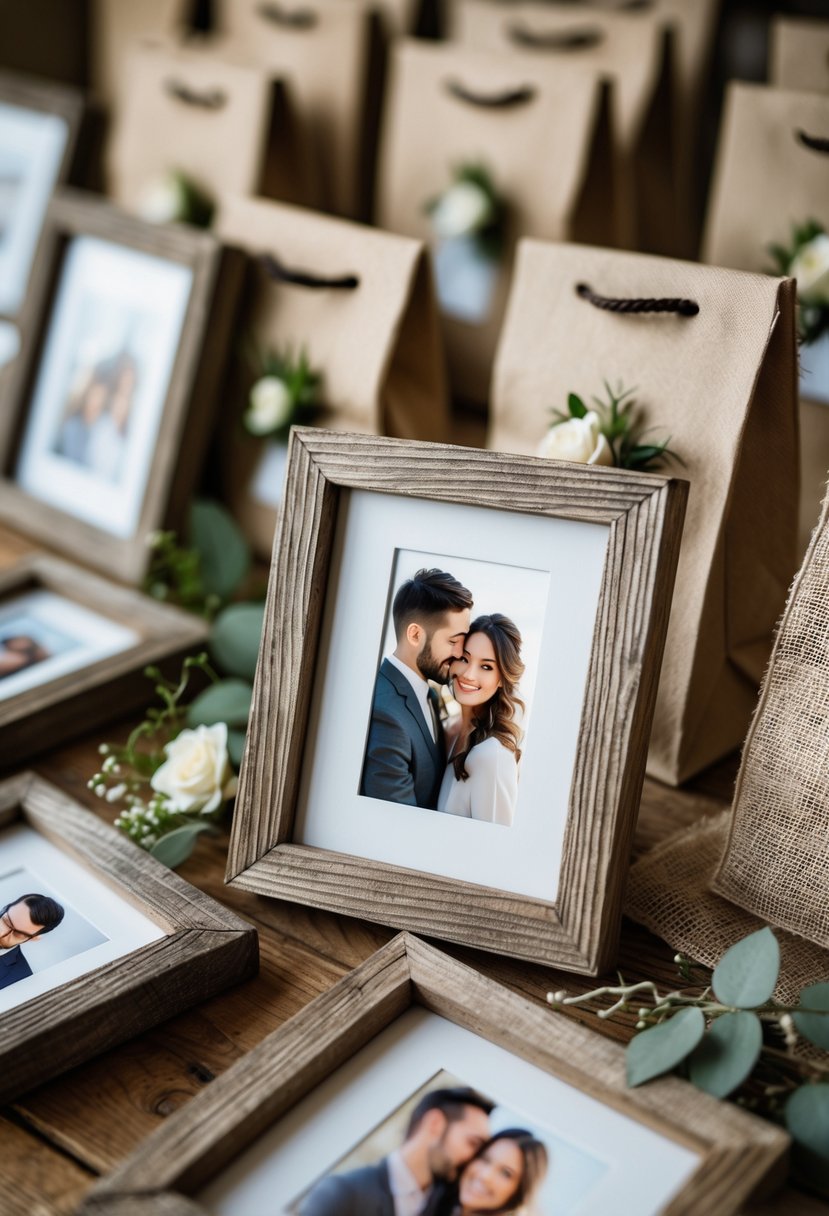 Rustic wooden photo frames with couples' pictures arranged alongside wedding welcome bags decorated with flowers and greenery on a wooden surface.