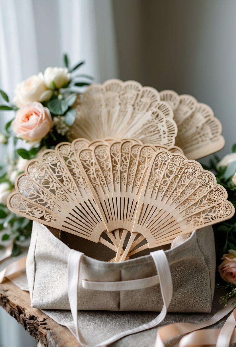 A collection of personalized wooden hand fans arranged inside a wedding welcome bag on a wooden surface, surrounded by flowers and ribbons.