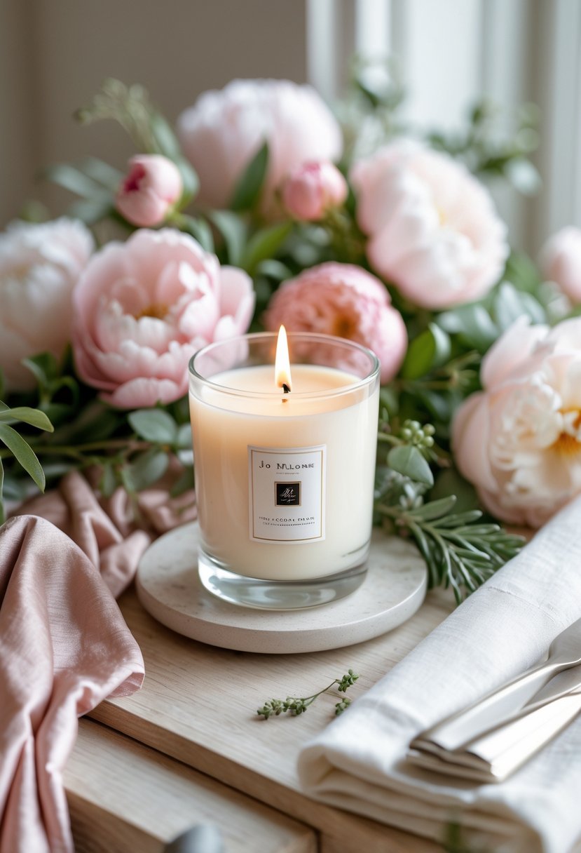A Jo Malone Peony & Blush Suede candle surrounded by pink peonies and wedding welcome bag items on a wooden surface.
