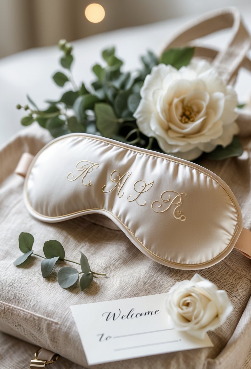 A monogrammed silk eye mask resting on a wedding welcome bag with flowers and greenery in a softly lit setting.