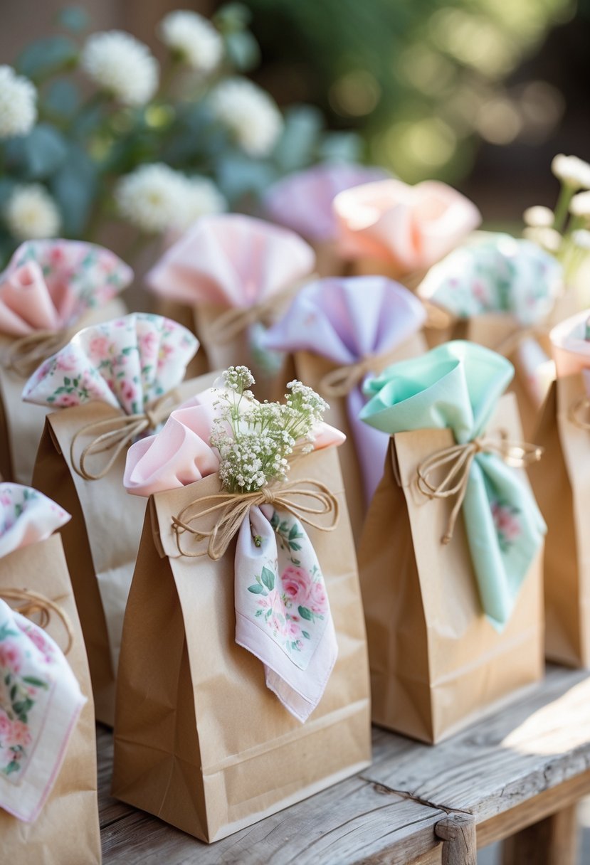 Wedding welcome bags on a wooden table with floral patterned handkerchiefs and small fresh flower decorations.