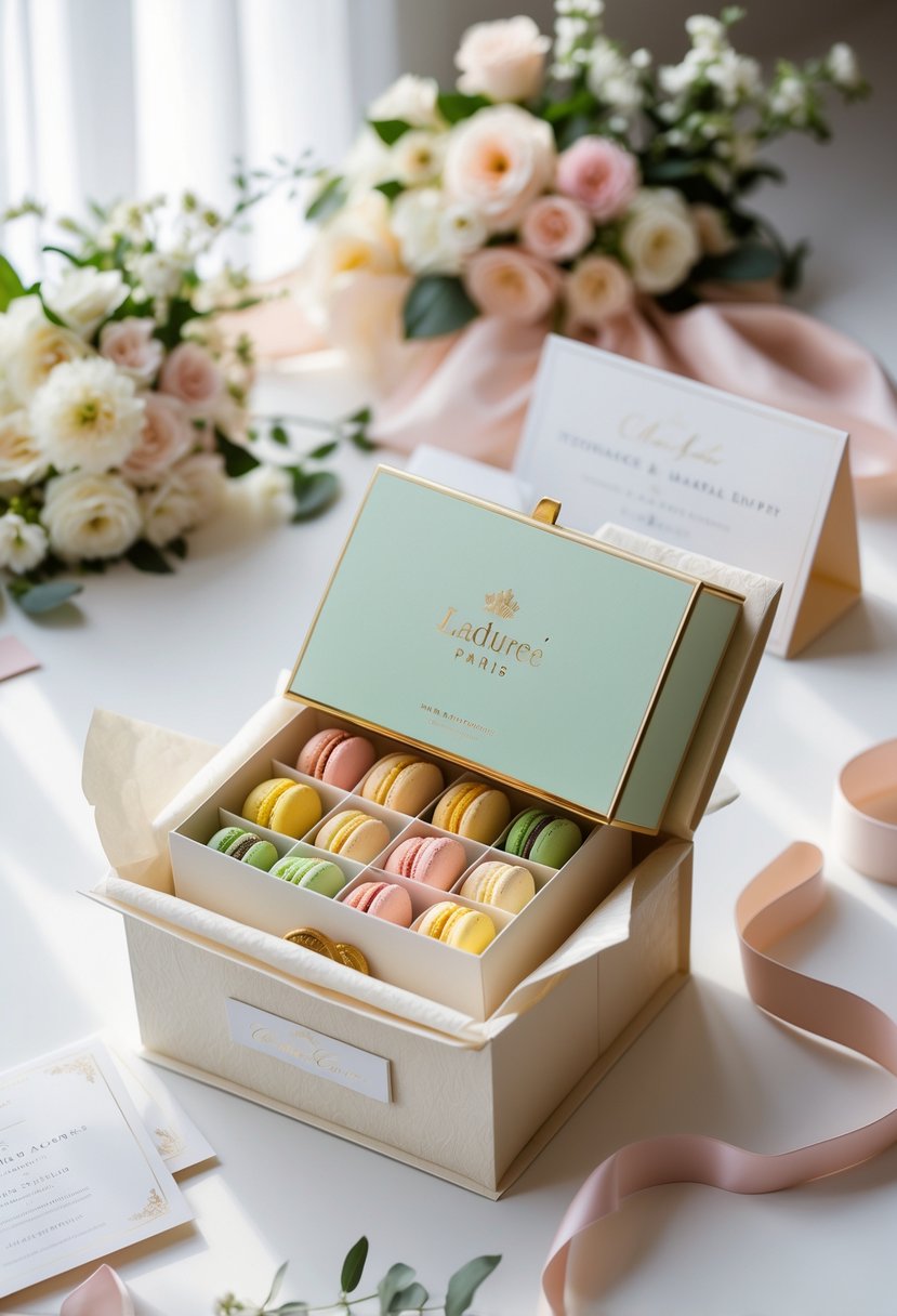 A Ladurée Paris macarons box inside a luxurious wedding welcome bag with pastel colors and floral decorations.
