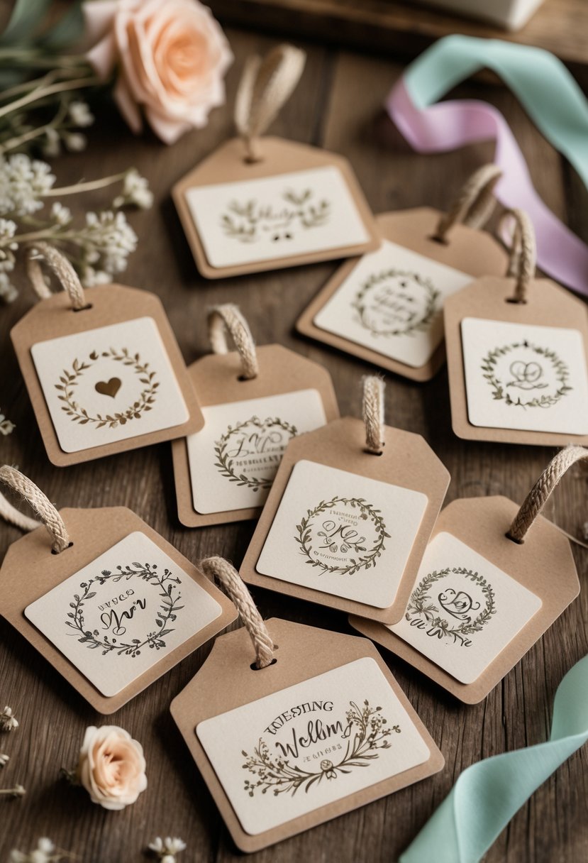 A collection of hand-stamped luggage tags with floral and heart designs arranged on a wooden surface with dried flowers and ribbons.