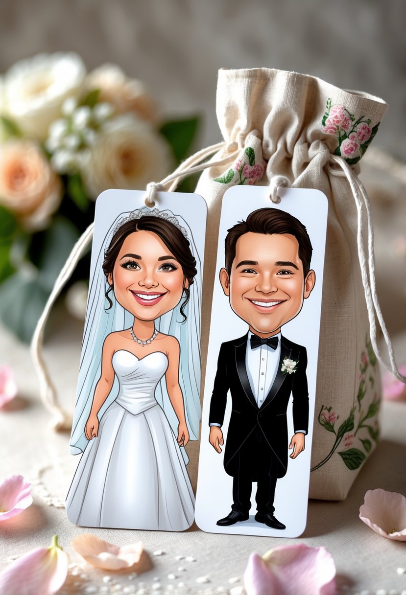A wedding welcome bag containing bride and groom caricature bookmarks surrounded by rose petals and flowers.
