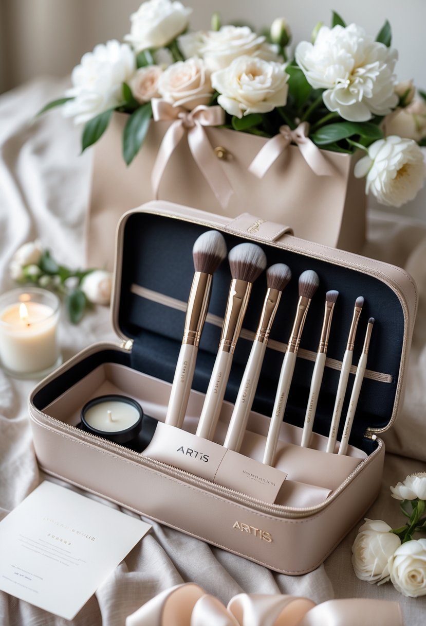A travel set of makeup brushes displayed with wedding welcome bag items including flowers, a candle, and a ribbon on a soft fabric surface.