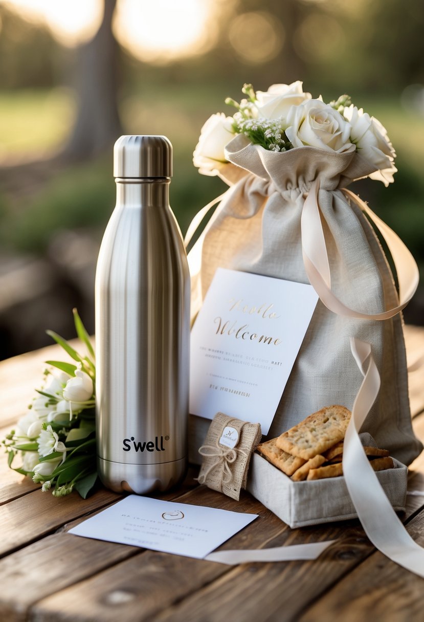 A stainless steel insulated water bottle inside a wedding welcome bag with flowers and small gifts on a wooden table.