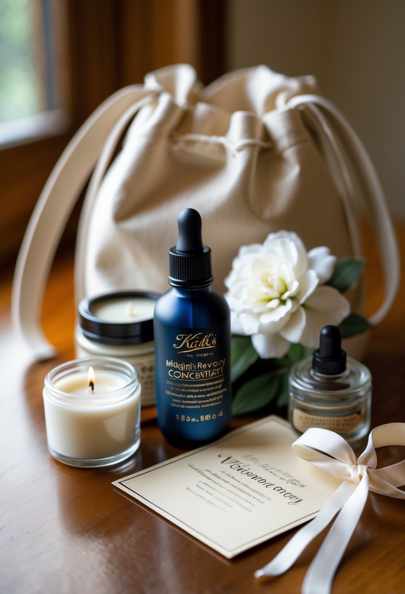 A luxurious wedding welcome bag with Kiehl's Midnight Recovery Concentrate bottle, a scented candle, white flower, and a welcome note arranged on a wooden surface.
