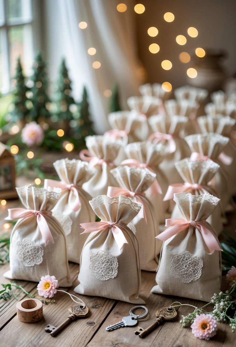 A rustic wooden table displaying elegant wedding welcome bags surrounded by fairy tale-themed decorations like flowers, fairy lights, and vintage keys.