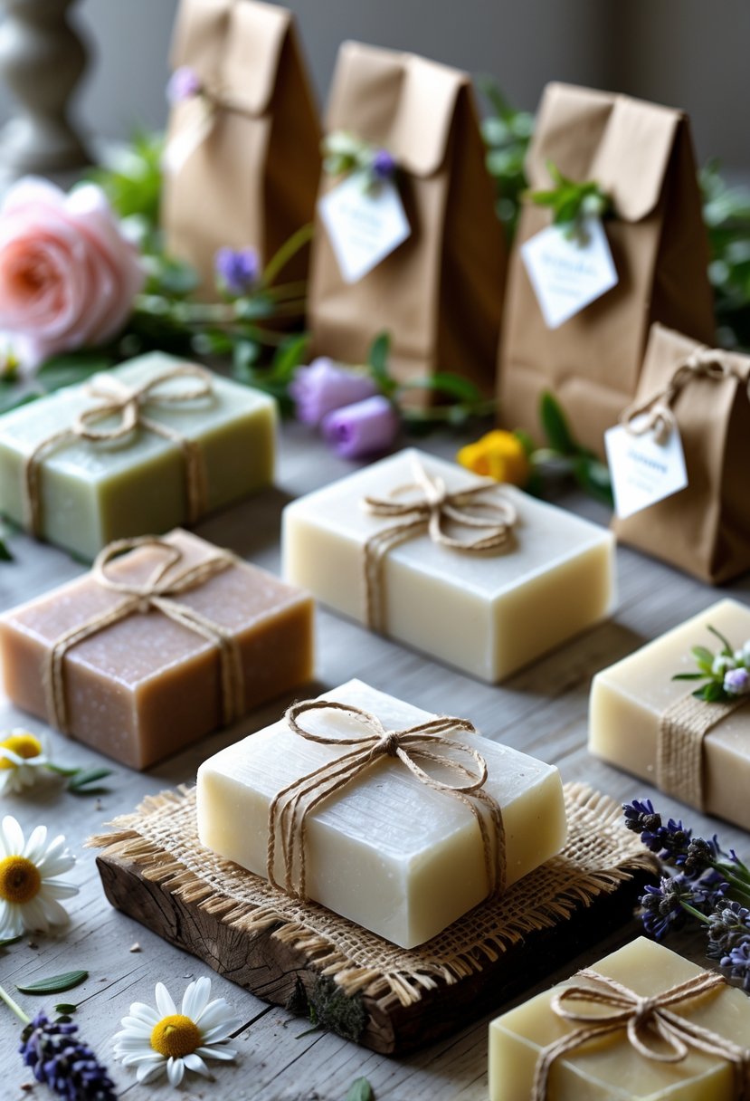 A collection of handcrafted soap bars with floral decorations arranged next to wedding welcome bags on a wooden surface.
