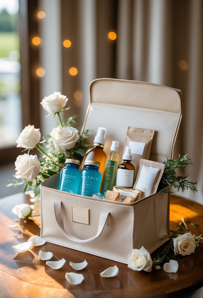 An open wedding welcome bag containing electrolyte drinks, supplements, water bottle, herbal tea, and snacks on a wooden table with rose petals and greenery.