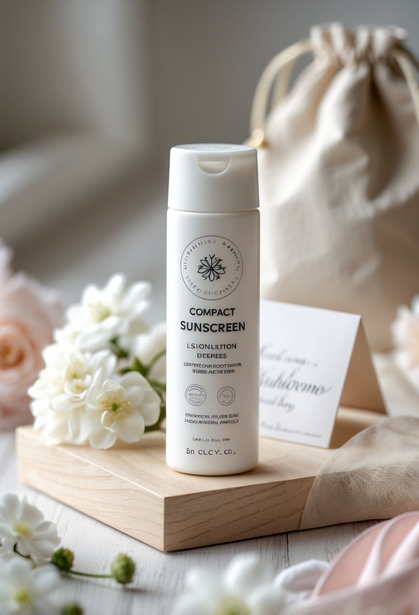 A compact sunscreen lotion bottle displayed with white flowers and pastel fabric on a wooden surface, arranged as part of a wedding welcome bag setup.